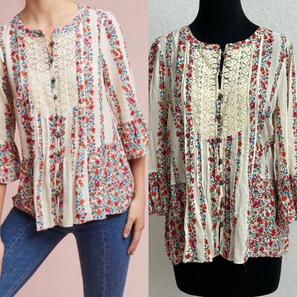 Anthropologie Maeve Hiver Peasant Blouse Floral Bell Sleeves Floral 12 Romantic